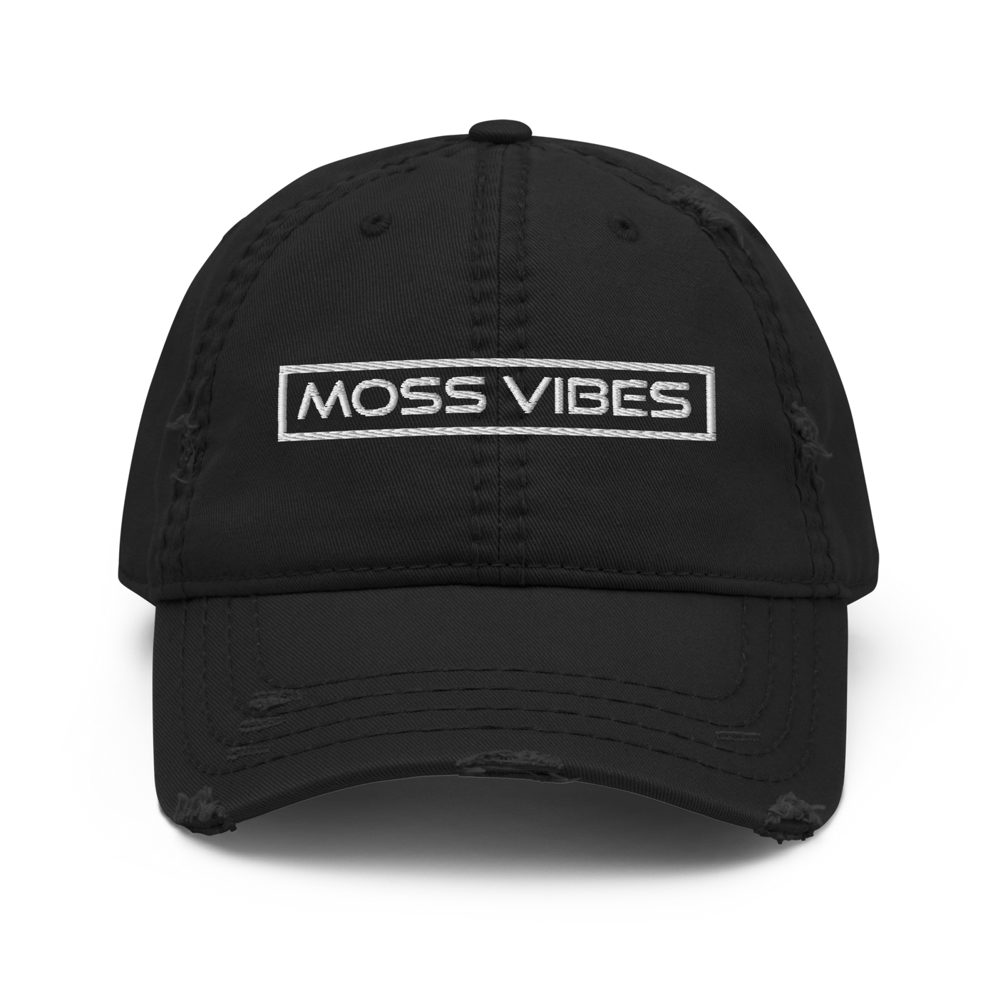 Moss Vibes White Logo Black Distressed Hat