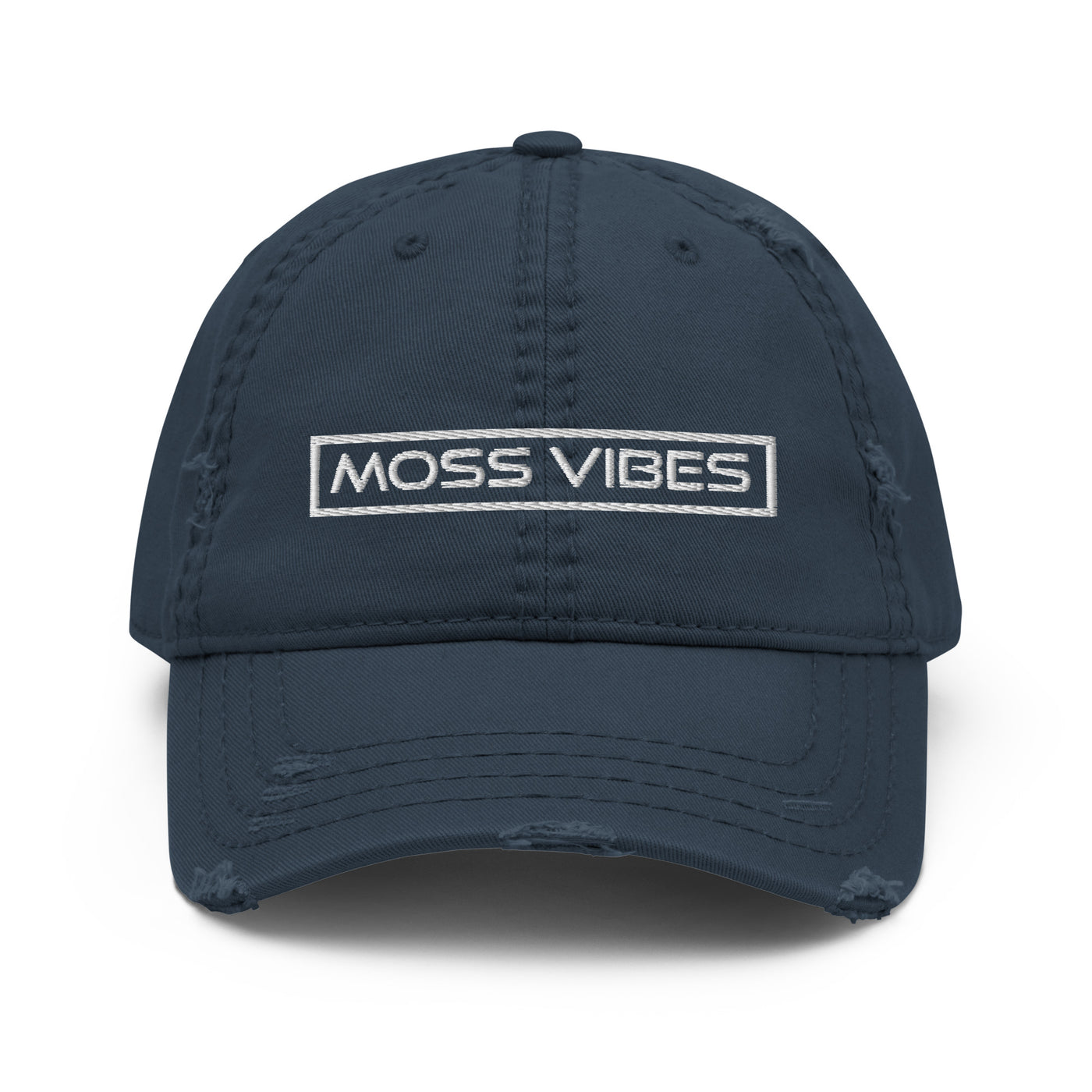 Moss Vibes White Logo Navy Distressed Hat